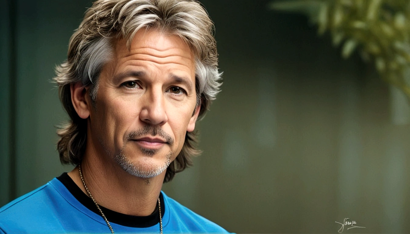 a young man called lineker, 50 years old, he has a face similar to Jon Bom Jovi, he has light hair, brown eyes, black blouse, black pants, black sneakers, he is sitting on his sofa with his cell phone looking at some photos