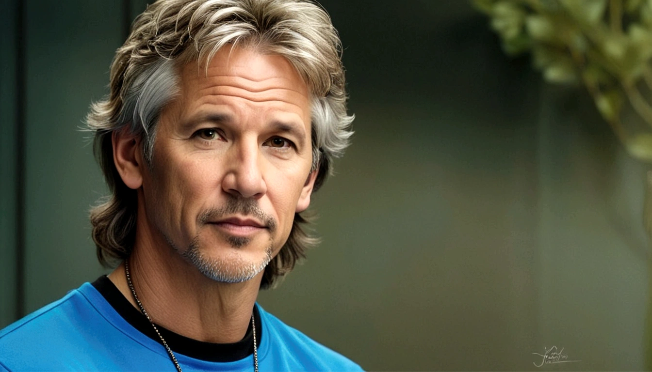 a young man called lineker, 50 years old, he has a face similar to Jon Bom Jovi, he has light hair, brown eyes, black blouse, black pants, black sneakers, he is sitting on his sofa with his cell phone looking at some photos