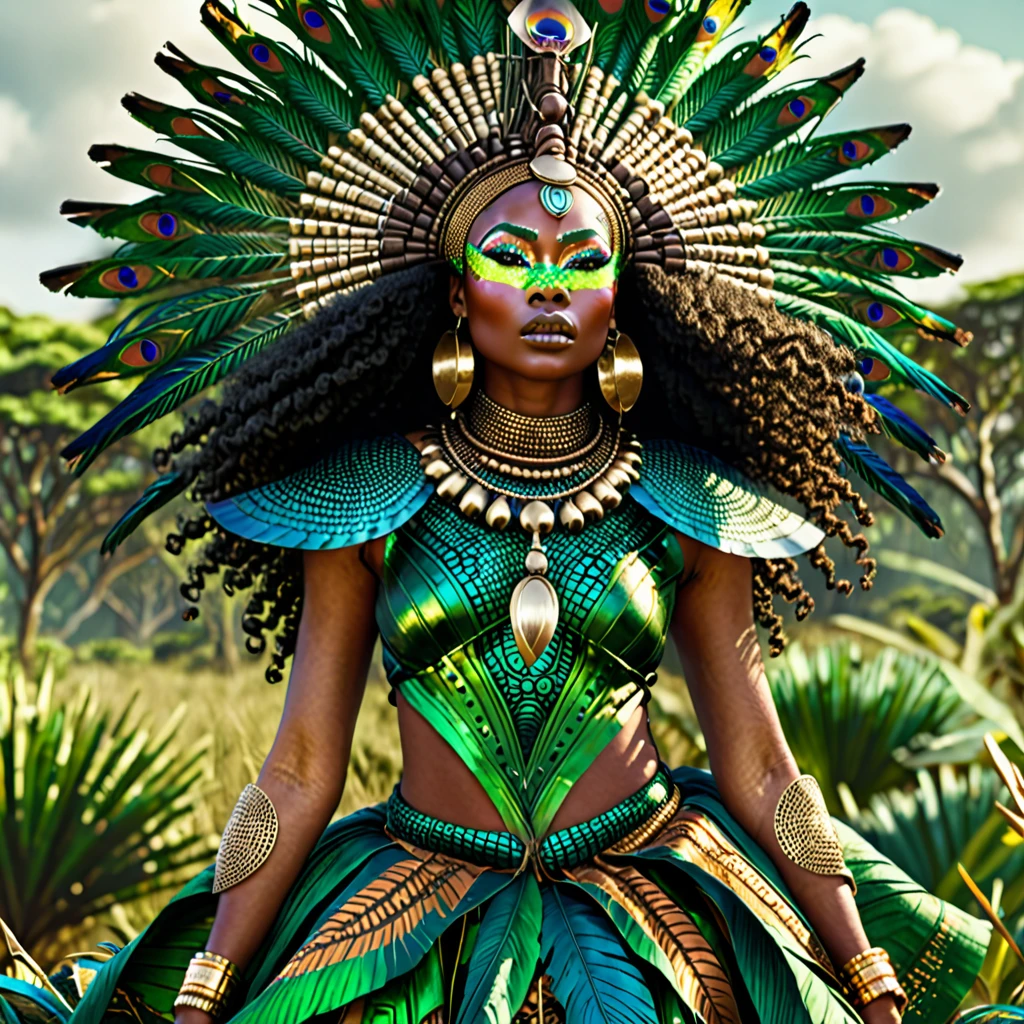 Photorealistic, a thick body black woman in African tribal luxury clothes, green savannahs biome background, birds flying, Peacock Clothes, African goddess, afrofuturism, afrofuturism fashion, ultra quality, masterpiece, intricate details, very detailed, beautiful face, 8K, cinematic scene, photorealistic, cabelo castanho enrolado, curly Hair, afrofuturism fashion