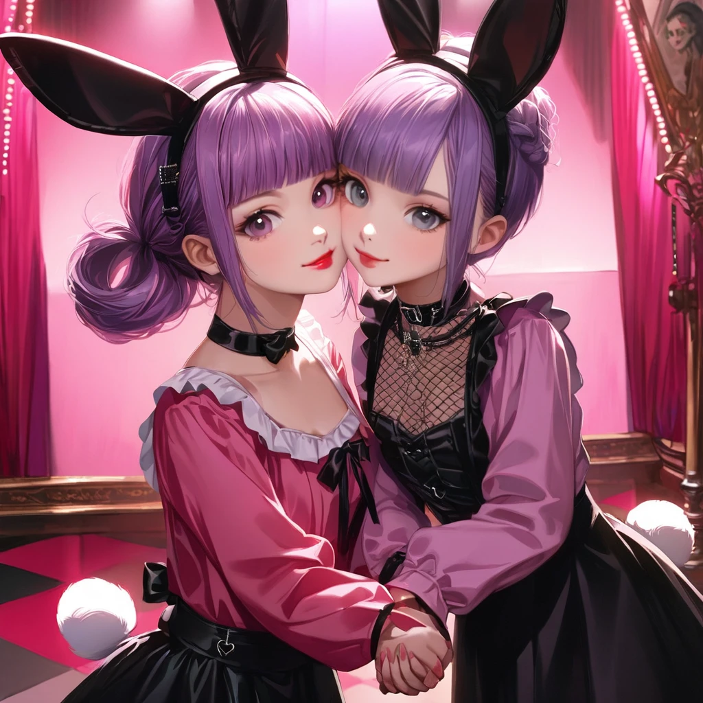 ( 2girls:1.5), (Twin girls, the same face, the same hairstyle, the same eyes, only different outfits,symmetrical posture, cheek-to-cheek,holding hands:1.5).2girls with closs hair pin,pale purple hair,wavy two braids,blunt bangs hair,green and black eyes,(one girl is wearing 
pink shirt,cosplay, jirai kei, bangs, black skirt, black bow, looking at viewer, bow, long sleeves, choker, ribbon,pink lips, :1.4),(other girl is wearing red lips,Black bunny girl costume, red high heels,High leg, fishnet stockings, white bunny tail, black bunny ears:1.4 ), (masterpiece:1.3), anime visual, (Lovey-dovey:1.5), (tilt head:1.3), extremely delicate face, soft clean focus, realistic lighting and shading, (an extremely delicate and beautiful art:1.3), elegant, (muted colors:1.1), small breast,slim,The Moulin Rouge in Paris, mysterious pink light, a slightly dark room,,smiling,night lit,