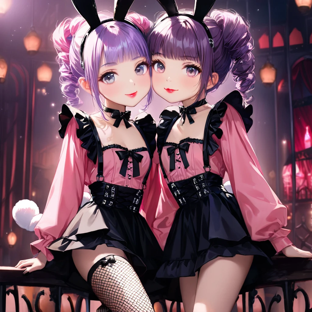 ( 2girls:1.5), (Twin girls, the same face, the same hairstyle, the same eyes, only different outfits,symmetrical posture, cheek-to-cheek,holding hands:1.5).2girls with closs hair pin,pale purple hair,wavy two braids,blunt bangs hair,green and black eyes,(one girl is wearing
pink shirt,cosplay, jirai kei, bangs, black skirt, black bow, looking at viewer, bow, long sleeves, choker, ribbon,pink lips, :1.4),(other girl is wearing red lips,Black bunny girl costume, red high heels,High leg, fishnet stockings, white bunny tail, black bunny ears:1.4 ), (masterpiece:1.3), anime visual, (Lovey-dovey:1.5), (tilt head:1.3), extremely delicate face, soft clean focus, realistic lighting and shading, (an extremely delicate and beautiful art:1.3), elegant, (muted colors:1.1), small breast,slim,The Moulin Rouge in Paris, mysterious pink light, a slightly dark room,,smiling,night lit,