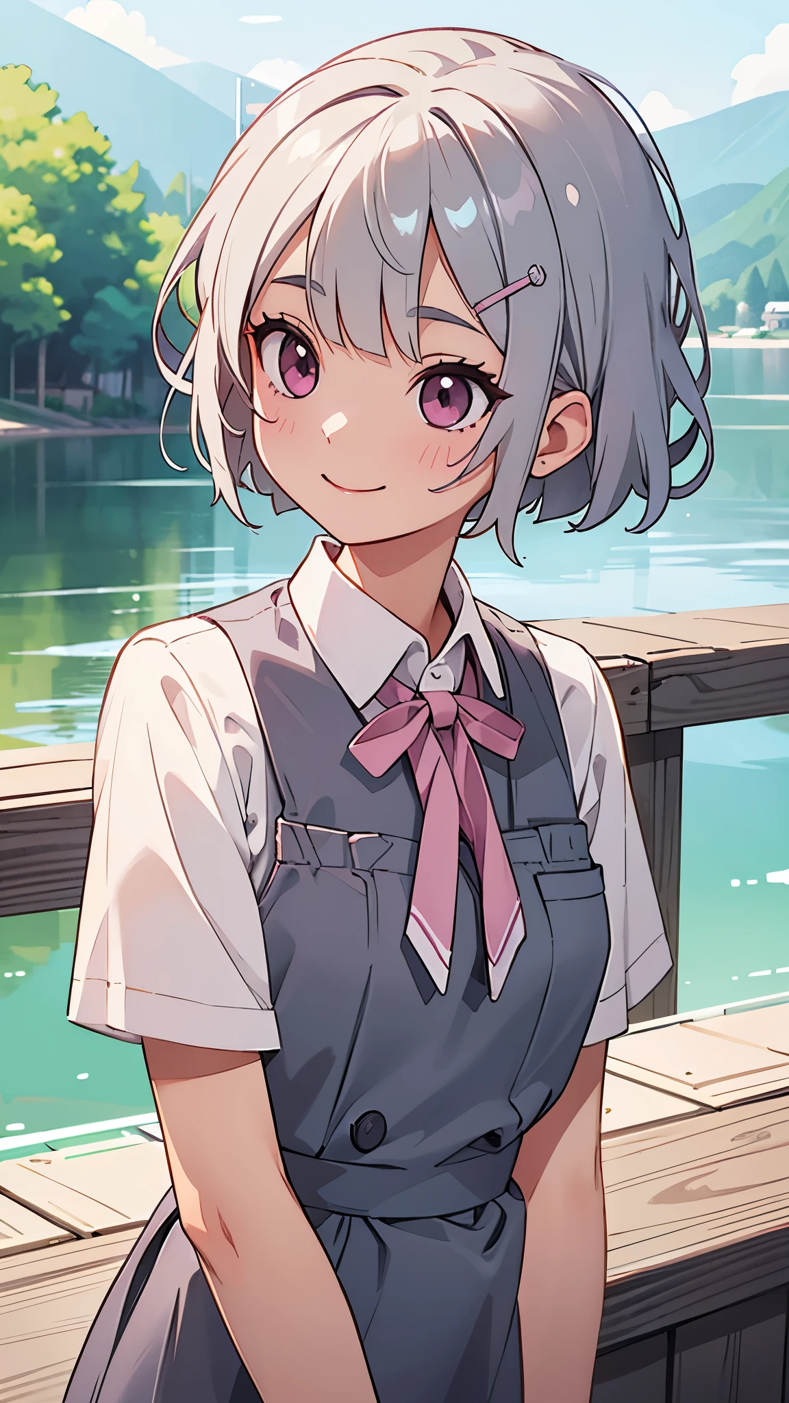 (Highest quality,masterpiece,Surreal), (Professional photography:1.2), 1 Girl, Silver short hair and bob hair、Tie your hair up with a hair clip、Pink Eyes、smile、pastel colour、Upper body close-up、Cafe next to the lake