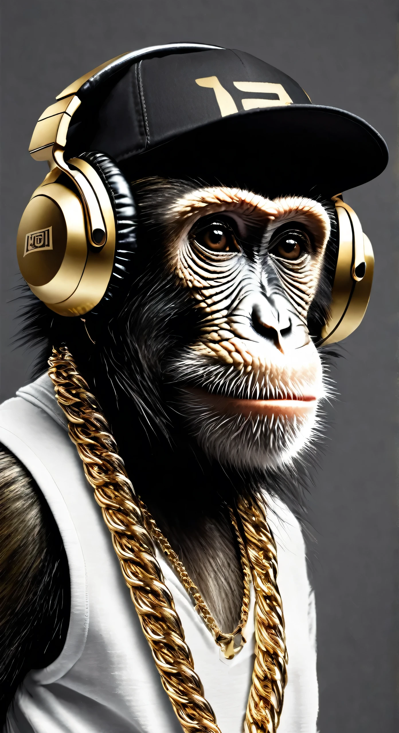 Monkey wearing a black cap,vestindo uma camiseta regata branca,wearing a gold chain around your neck listening to music on headphones.