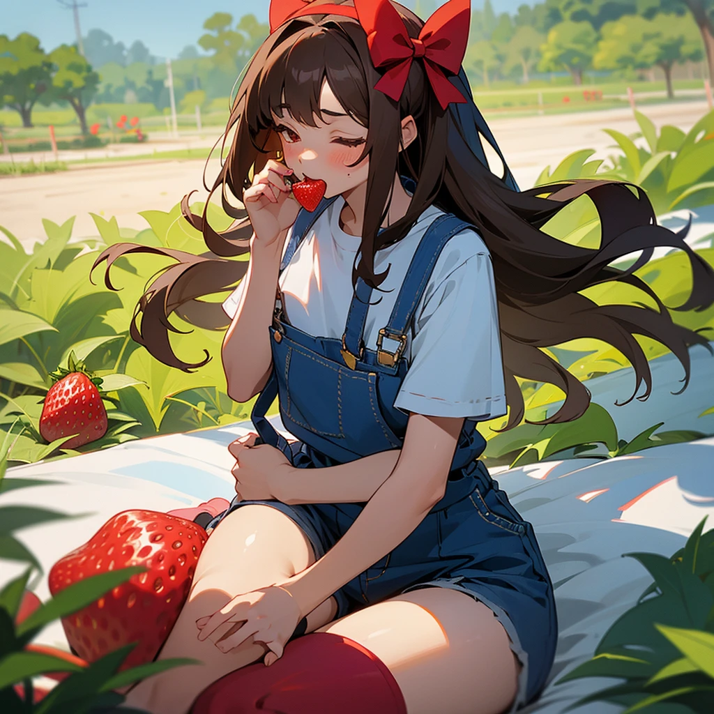Light-skinned girl with long brown hair, fringe and a red bow on the back of her head, wearing blue dungarees with a white short-sleeved T-shirt with blue shorts and knee-high socks, eyes closed, red shoes in the background on a strawberry field with red cheeks eating a strawberry with a picnic blanket with eyes closed