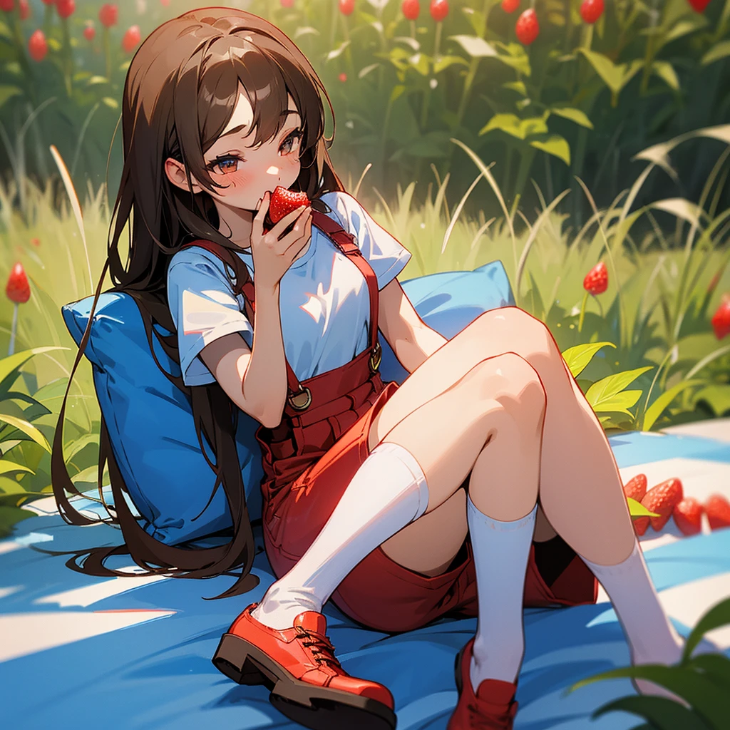 Light-skinned girl with long brown hair, fringe and a red bow on the back of her head, wearing blue dungarees with a white short-sleeved T-shirt with blue shorts and knee-high socks, eyes closed, red shoes in the background on a strawberry field with red cheeks eating a strawberry with a picnic blanket with eyes closed