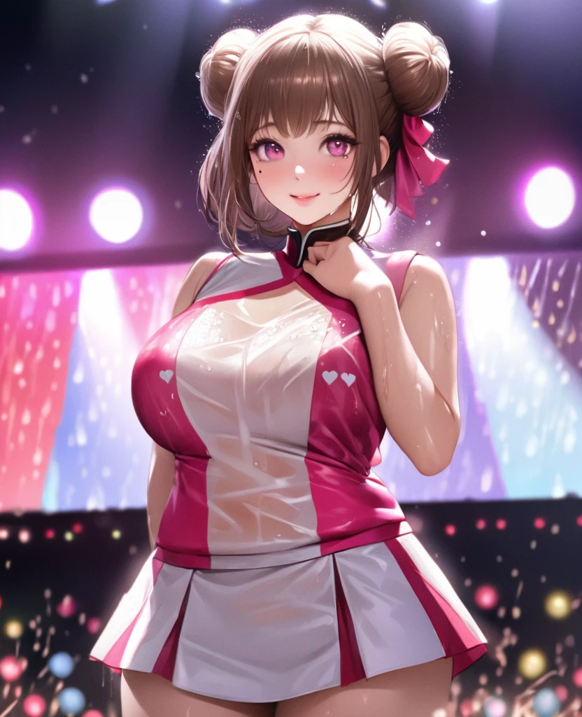 One Girl、Looking at the audience、lovely,
Beautiful pink eyes、Two brown double hair buns , Mole under the eye、Plump and glossy lips、Heart-shaped choca、Dance team uniforms, mini skirt、Her name is May,smile、ー、。.。.。.。.。.。.。.。.。.。.。.。.。.。.。.。.。.。.3D、Realistic、
Dance team uniforms was soaked in the heavy rain, and her chest was wet and transparent.Heavy rain at outdoor concert, Drape clothes、gem、The decoration has been removed、Floral、Lace trim,On a glittering stage、
masterpiece、highest quality、8k、Detailed skin texture、Detailed cloth texture、Beautifully detailed face、Intricate details、Very detailed、
超A high resolution、8k Ultra HD、Film Grain、Best Shadow、delicate、Gazing at the audience、front