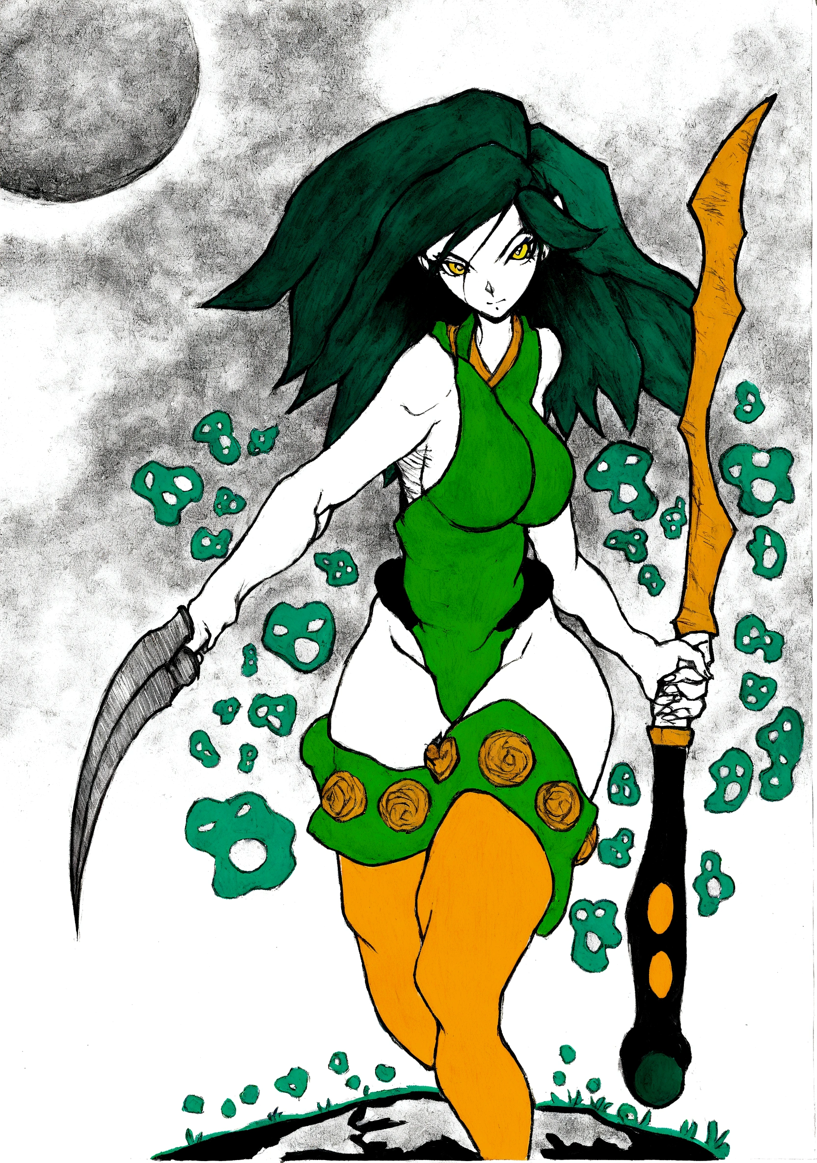 drawing of a woman with a green hat and green and yellow clothes holding a large knife, tela colorida, deusa sobrenatural, martial artist dryad, us, girl of the zodiac knights, /!\ the sorceress, necromancer sorceress, deusa da maldade, lineart colorido, lineart colorido, desenho colorido