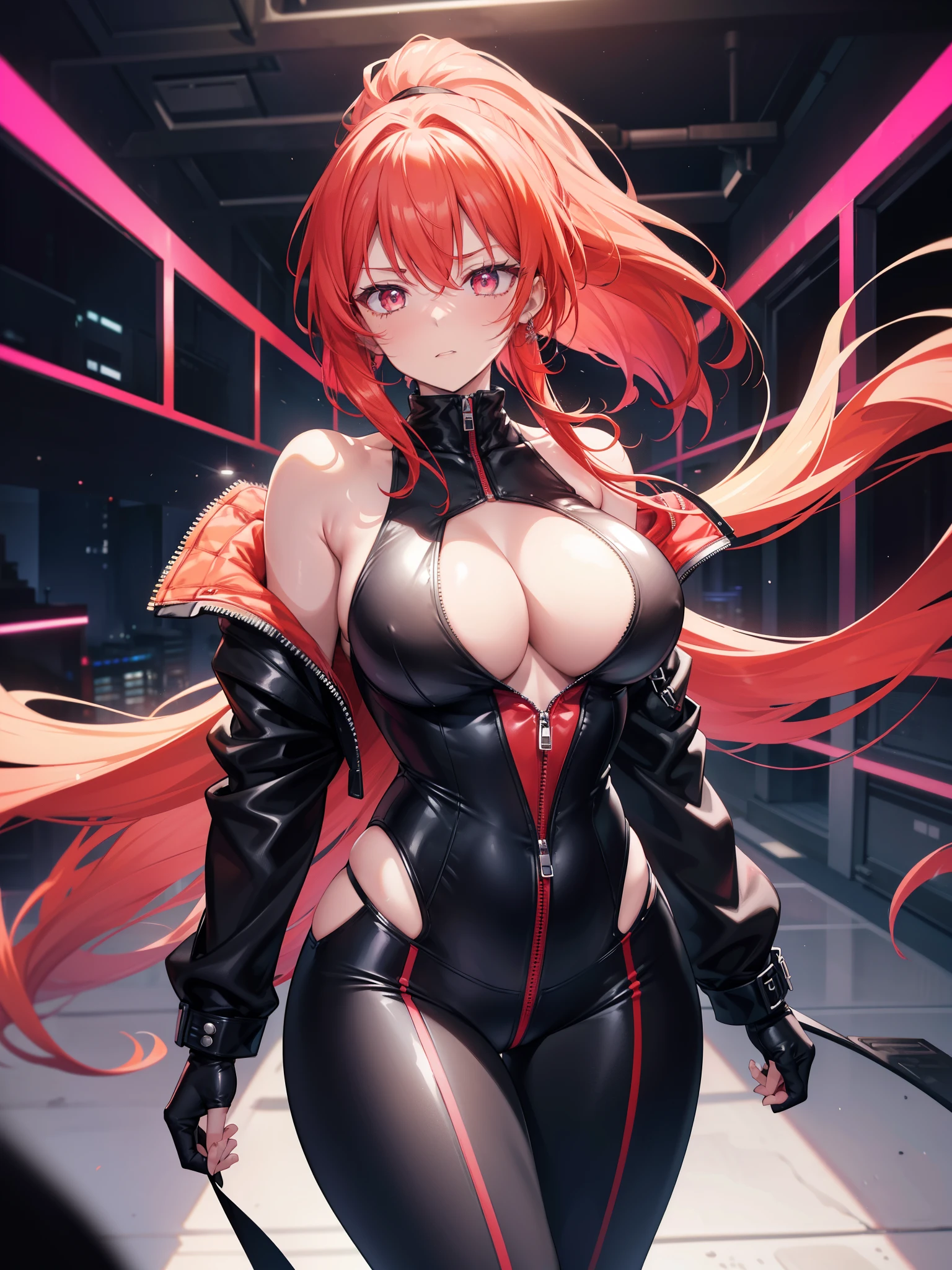 A breathtaking digital artwork shows a red-haired woman with a scared, embarrassed expression, her ponytail made of fiery curls, and her glowing, super-detailed eyes drilling her inner turmoil. Lips full of her, painted a strong red, increase her allure. Boasting a sculpted physique and wide hips, she attracts attention, wearing a closed and tight black leather jumpsuit. Its shiny trajectory surface accentuates your curves and highlights your shape. Hanging over her shoulders is a hooded sweatshirt, its neon pink interior providing a bold contrast. As she walks down a busy street, deep in thought