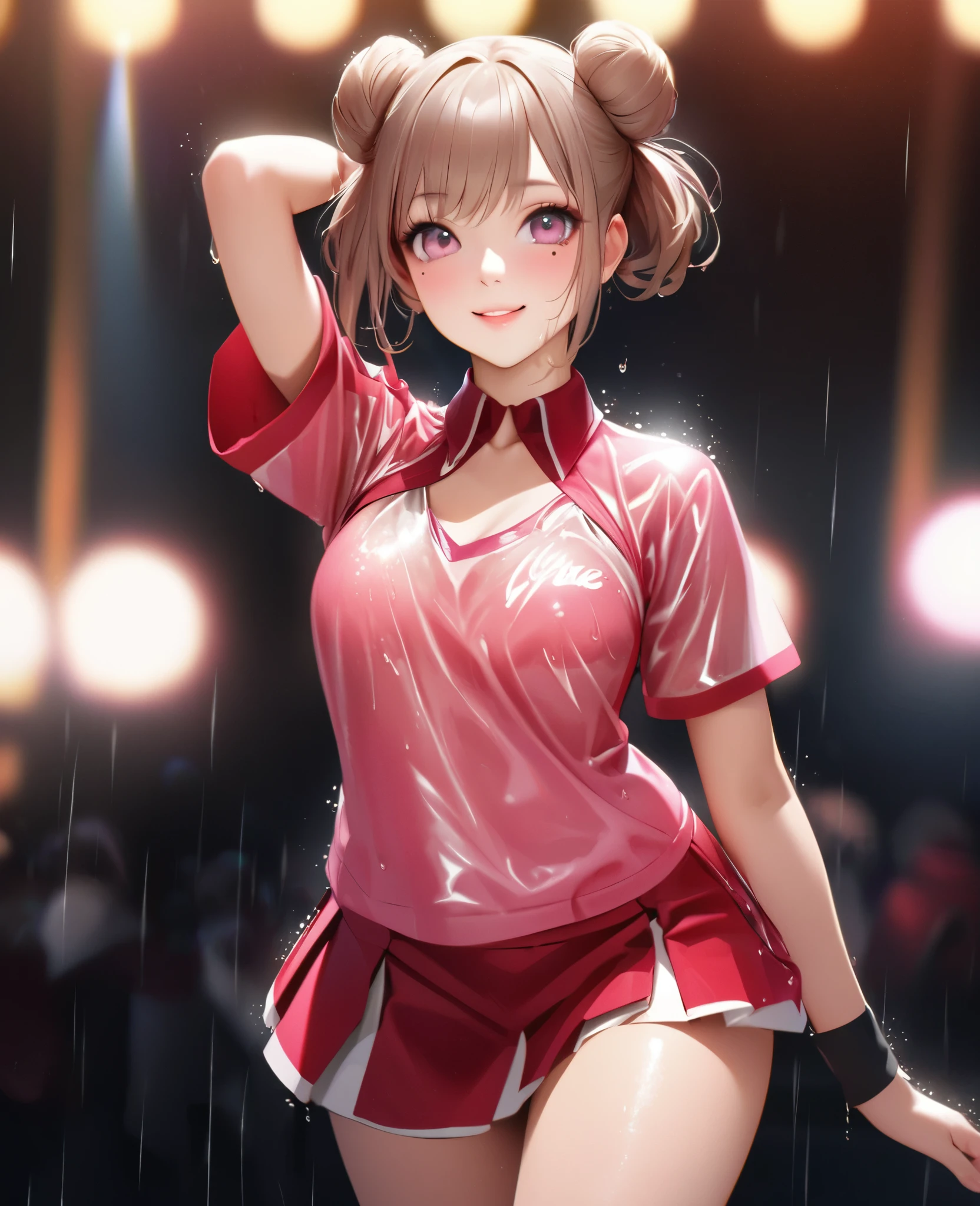 One Girl、Looking at the audience、lovely,
Beautiful pink eyes、Two brown double hair buns , Mole under the eye、Plump and glossy lips、Heart-shaped choca、Dance team uniforms, mini skirt、Her name is May,smile、ー、。.。.。.。.。.。.。.。.。.。.。.。.。.。.。.。.。.。.3D、Realistic、
Dance team uniforms was soaked in the heavy rain, and her chest was wet and transparent.Heavy rain at outdoor concert, Drape clothes、gem、The decoration has been removed、Floral、Lace trim,On a glittering stage、
masterpiece、highest quality、8k、Detailed skin texture、Detailed cloth texture、Beautifully detailed face、Intricate details、Very detailed、
超A high resolution、8k Ultra HD、Film Grain、Best Shadow、delicate、Gazing at the audience、front