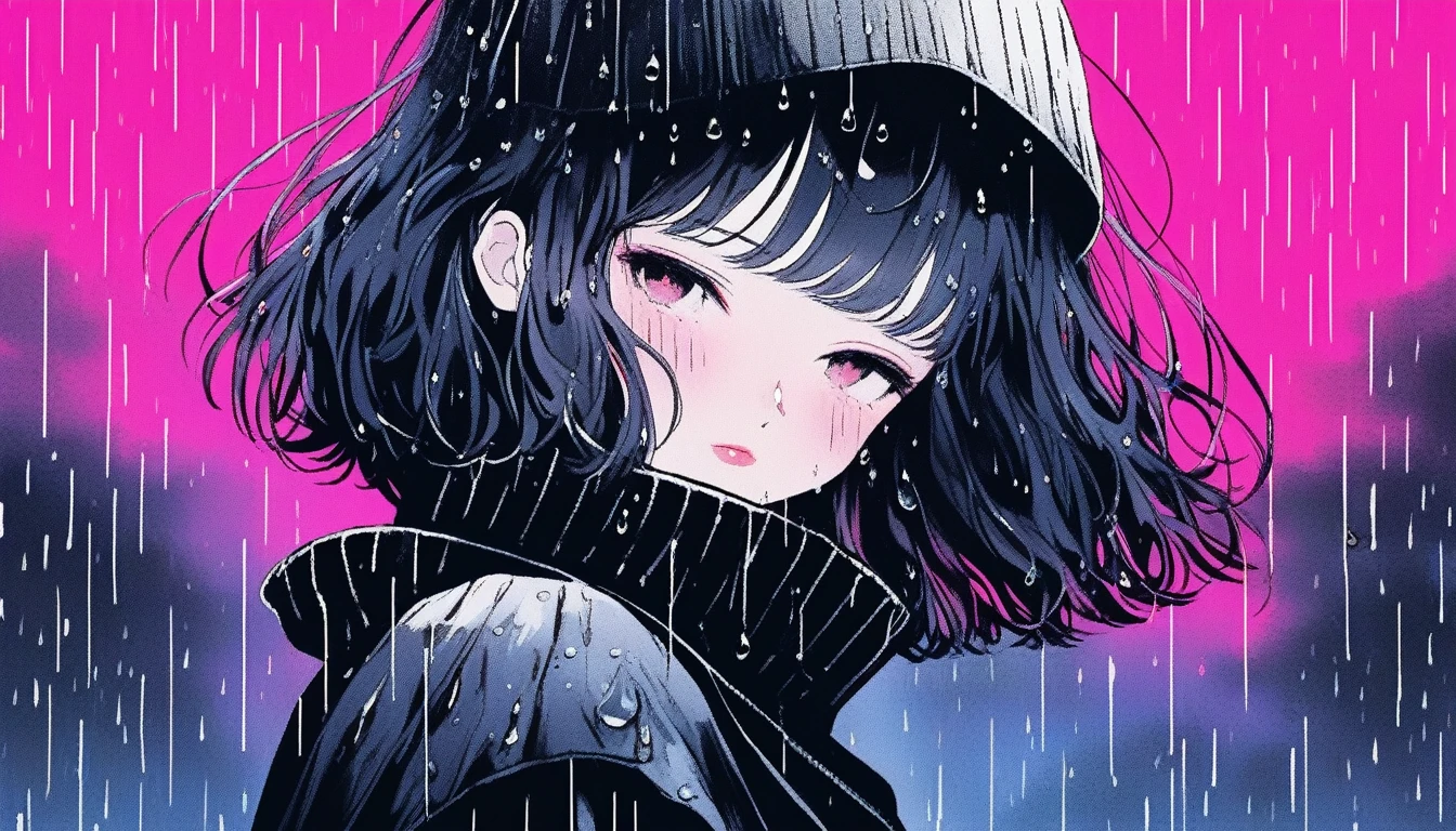 Illustrator, anime , Realistic ,sketch , Abstract rain on background、1 girl, ,lip, sweater,order, Black gradient background, black髪,Short Bob、blacktshirt、Textured Trim, Canadian, (masterpiece,Highest quality) Cancer
