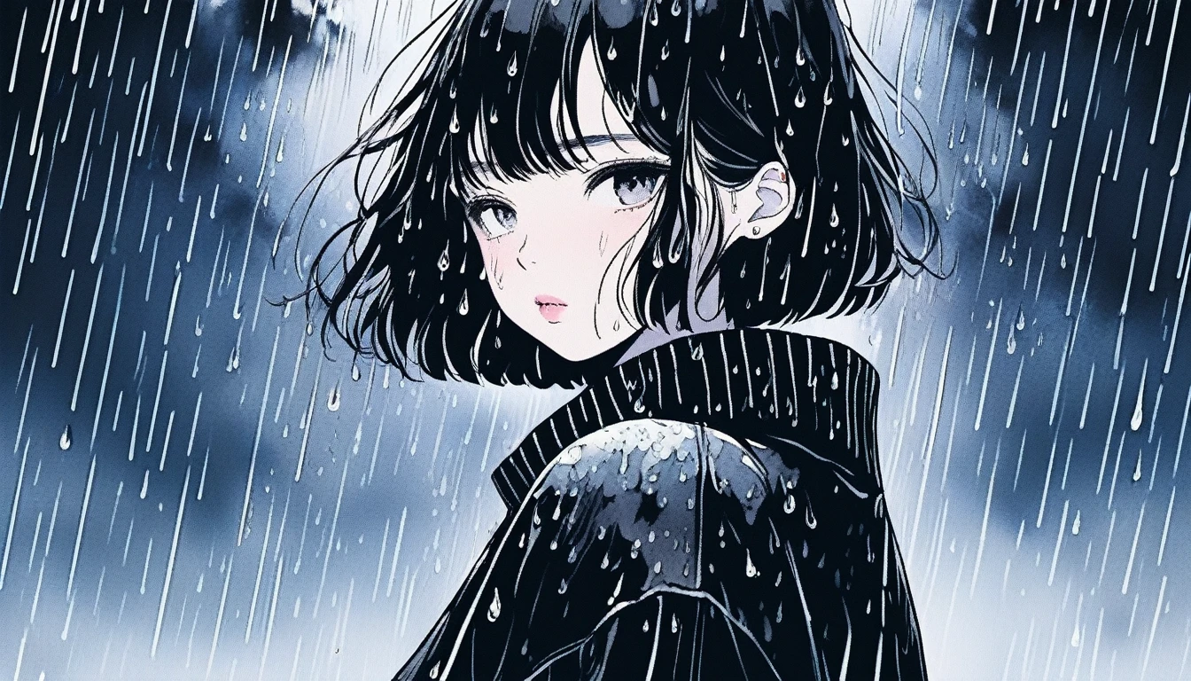 Illustrator, anime , Realistic ,sketch , Abstract rain on background、1 girl, ,lip, sweater,order, Black gradient background, black髪,Short Bob、blacktshirt、Textured Trim, Canadian, (masterpiece,Highest quality) Cancer