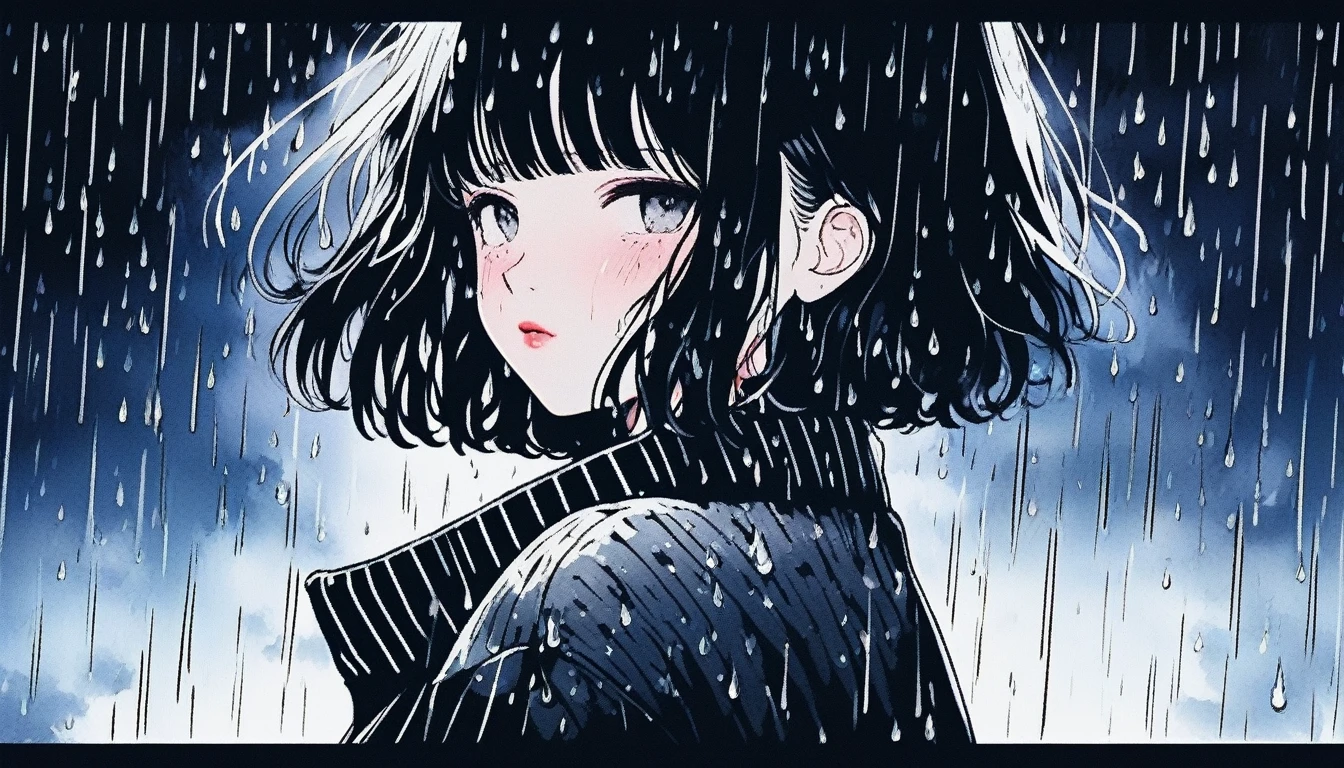 Illustrator, anime , Realistic ,sketch , Abstract rain on background、1 girl, ,lip, sweater,order, Black gradient background, black髪,Short Bob、blacktshirt、Textured Trim, Canadian, (masterpiece,Highest quality) Cancer