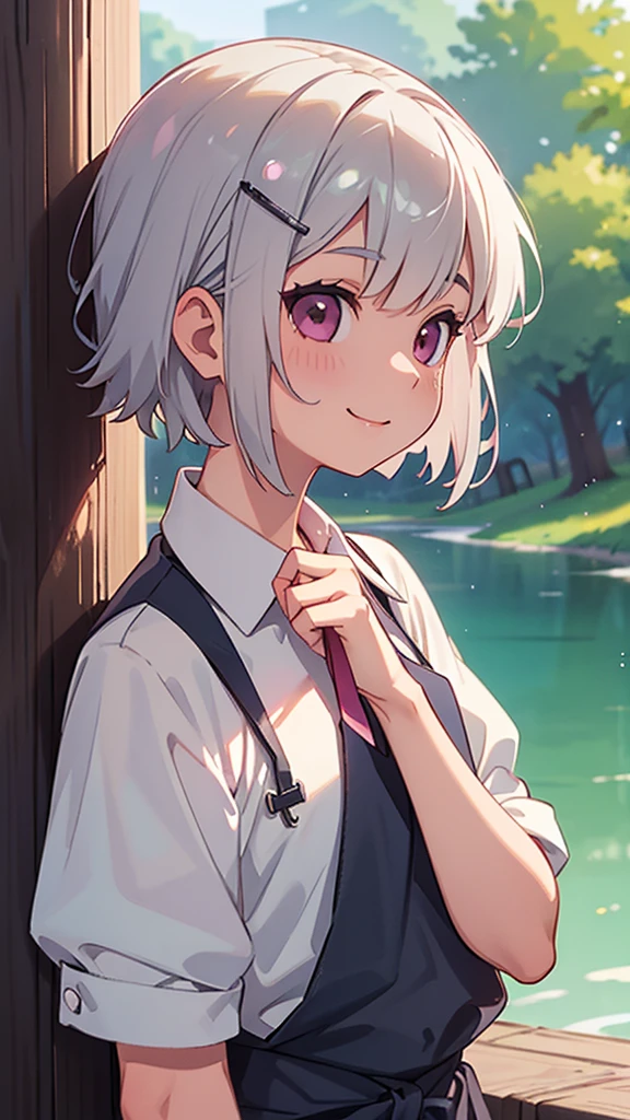 (Highest quality,masterpiece,Surreal), (Professional photography:1.2), 1 Girl, Silver short hair and bob hair、Tie your hair up with a hair clip、Pink Eyes、smile、profile、Upper body close-up、Cafe next to the lake