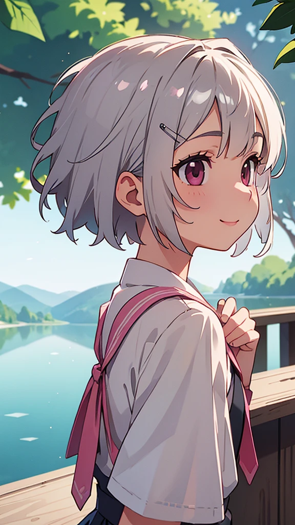 （Highest quality，masterpiece，Surreal）, (Professional photography:1.2), 1 Girl, Silver short hair and bob hair、Tie your hair up with a hair clip、Pink Eyes、smile、profile、Upper body close-up、Cafe next to the lake