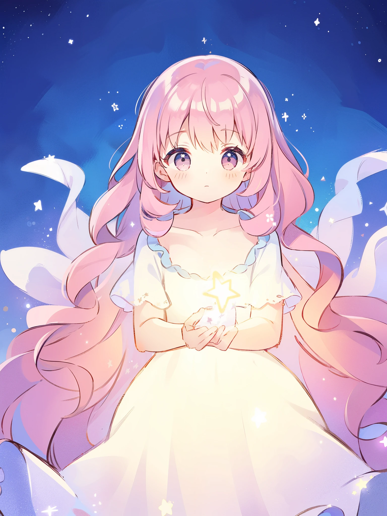 complex background, wishing star background, gradient wavy hair, a woman wearing an ethereal mystical pink translucent dress that reflects the stars, complex drawing, highly detailed, starry night, midjourney style