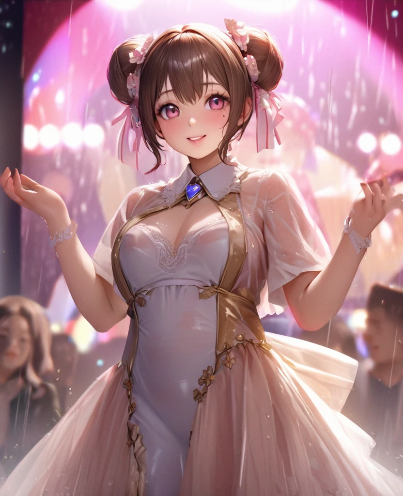 One Girl、Looking at the audience、lovely,
Beautiful pink eyes、Two brown double hair buns , Mole under the eye、Plump and glossy lips、Heart-shaped choca、Idol、Her name is May,smile、ー、。.。.。.。.。.。.。.。.。.。.。.。.。.。.。.。.。.。.3D、Realistic、
The idol's costume was soaked in the heavy rain, and her chest was wet and transparent.Heavy rain at outdoor concert, Drape clothes、gem、The decoration has been removed、Floral、Lace trim,On a glittering stage、
masterpiece、highest quality、8k、Detailed skin texture、Detailed cloth texture、Beautifully detailed face、Intricate details、Very detailed、
超A high resolution、8k Ultra HD、Film Grain、Best Shadow、delicate、Gazing at the audience、front