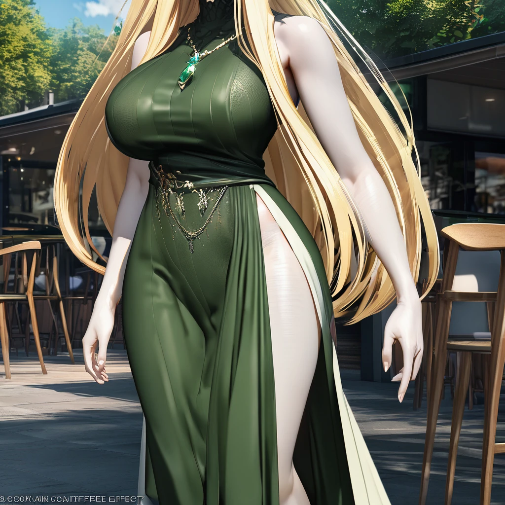 A woman wearing a sophisticated green dress, blonde hair, long hair, green eyes, smiling, standing outside a coffee shop, with tables and chairs around her, with a view of a forest, big breasts, green heels, an emerald necklace on her neck..UHD , work- prime, precise, anatomically correct, textured skin, super details, high quality, best quality, 8k, high resolution, bokeh effect. (woman alone)
