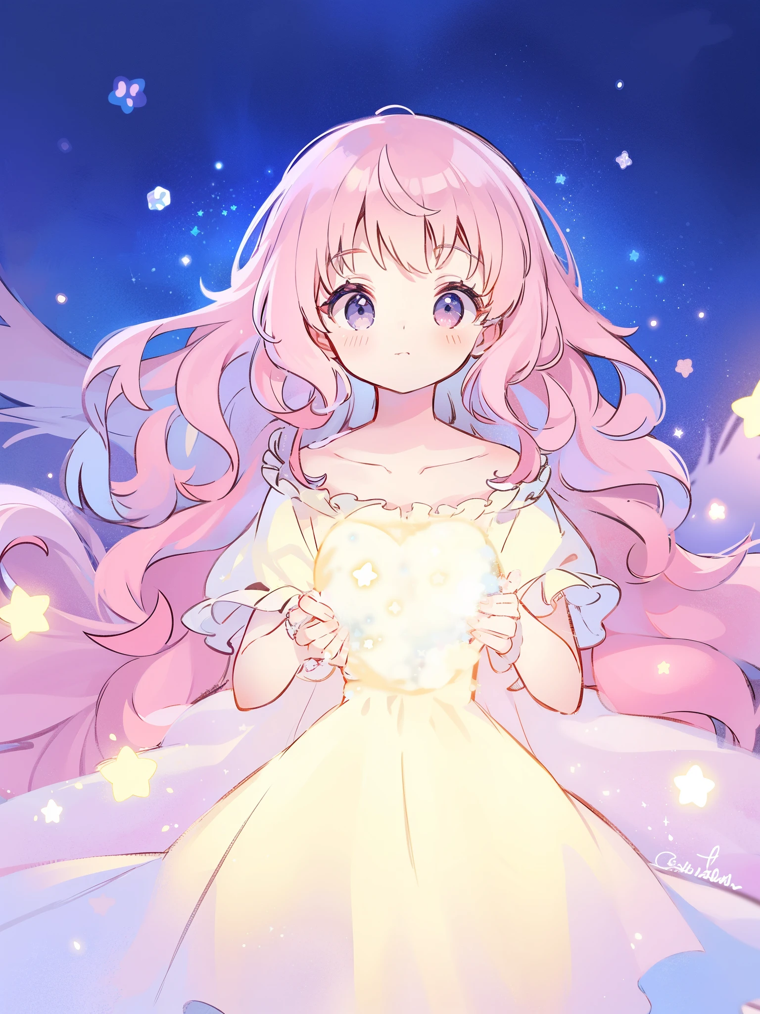 complex background, wishing star background, gradient wavy hair, a woman wearing an ethereal mystical pink translucent dress that reflects the stars, complex drawing, highly detailed, starry night, midjourney style