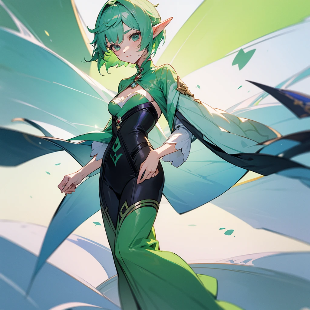 Pretty, beautiful, elf girl, elf, green hair, short hair, pretty hair, beautiful body, genshin impact design, fashion, fashion design, genshin impact, video game, full body, pretty face, starry clothes.