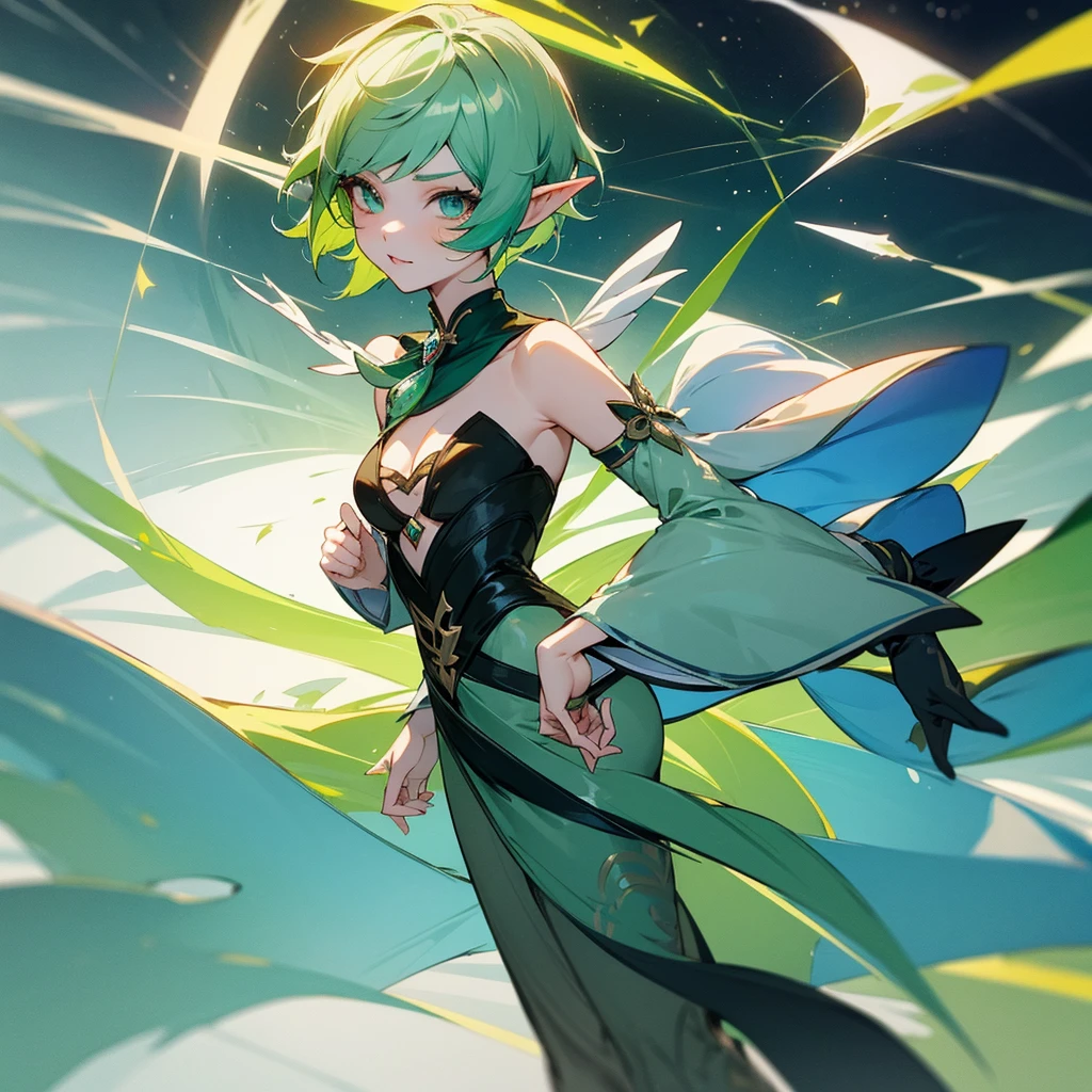 Pretty, beautiful, elf girl, elf, green hair, short hair, pretty hair, beautiful body, genshin impact design, fashion, fashion design, genshin impact, video game, full body, pretty face, starry clothes.