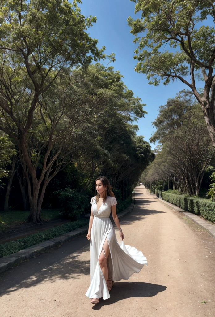 Uma caminhando no parque, Wearing a flowing dress