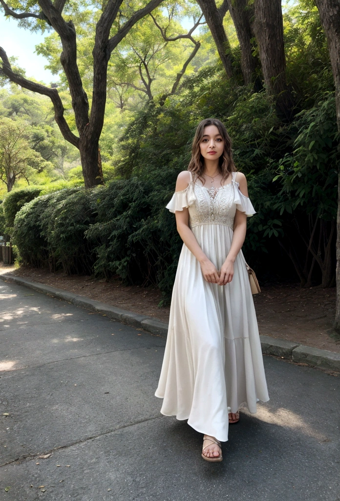 Uma  caminhando no parque, Wearing a flowing dress