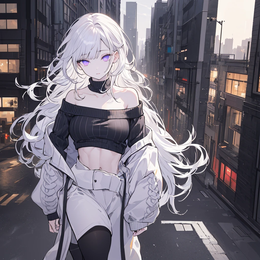 ((realistic lighting, Best quality, 8 k, masterpiece: 1.3)), Clear Focus: 1.2, 1 girl, Ideal figure: 1.4, thin abs: 1.1, ((White hair)), (long off-shoulder sweater: 1.4), (Open, night: 1.1), city streets, Super lovely face, beautiful violet eyes, double eyelids, sports shoes, full length