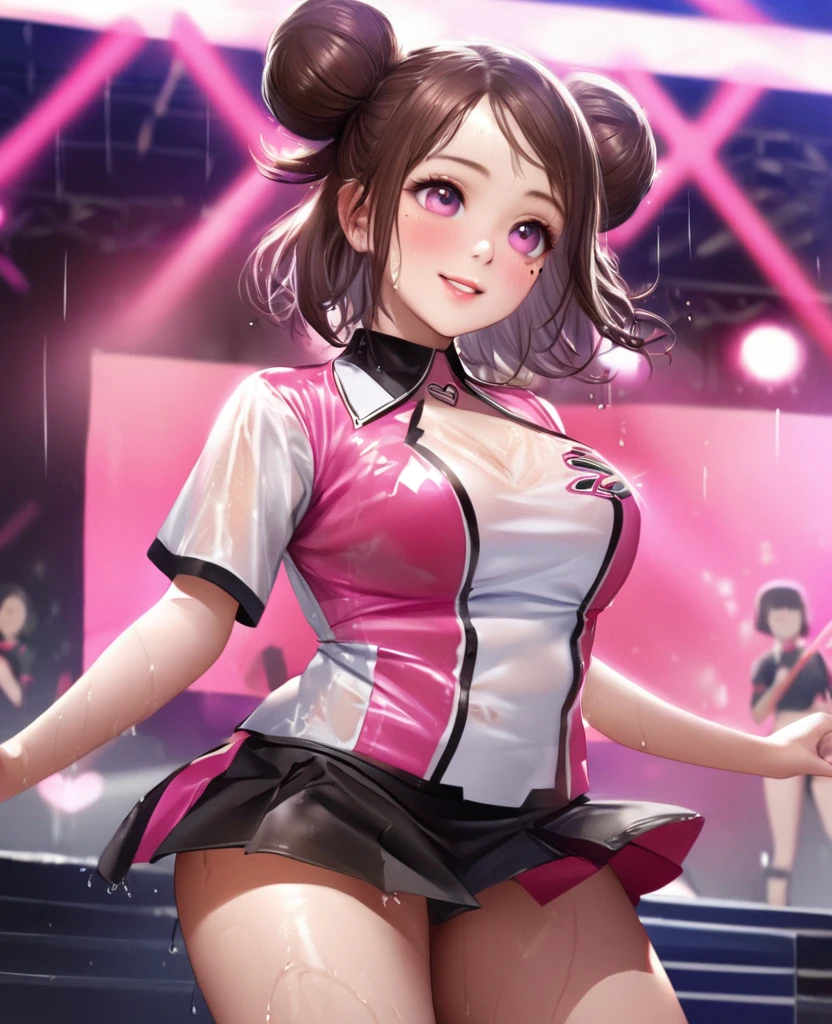 One Girl、Looking at the audience、lovely,
Beautiful pink eyes、Two brown double hair buns , Mole under the eye、Plump and glossy lips、Heart-shaped choca、Dance team uniformini skirt, Her name is May,smile、ー、。.。.。.。.。.。.。.。.。.。.。.。.。.。.。.。.。.。.3D、Realistic、
Dance team uniforms was soaked in the heavy rain, and her chest was wet and transparent.Heavy rain at outdoor concert, Drape clothes、gem、The decoration has been removed、Floral、Lace trim,On a glittering stage、
masterpiece、highest quality、8k、Detailed skin texture、Detailed cloth texture、Beautifully detailed face、Intricate details、Very detailed、
超A high resolution、8k Ultra HD、Film Grain、Best Shadow、delicate、Gazing at the audience、front