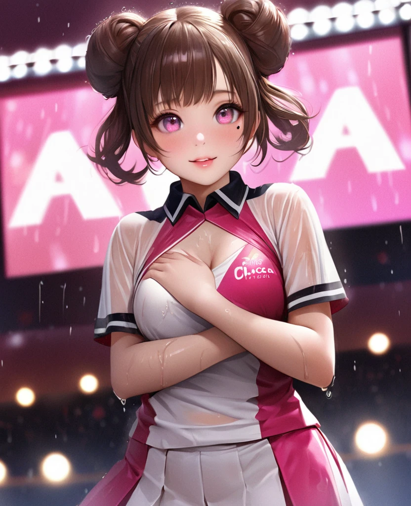 One Girl、Looking at the audience、lovely,
Beautiful pink eyes、Two brown double hair buns , Mole under the eye、Plump and glossy lips、Heart-shaped choca、Dance team uniforms, mini skirt、Her name is May,smile、ー、。.。.。.。.。.。.。.。.。.。.。.。.。.。.。.。.。.。.3D、Realistic、
Dance team uniforms was soaked in the heavy rain, and her chest was wet and transparent.Heavy rain at outdoor concert, Drape clothes、gem、The decoration has been removed、Floral、Lace trim,On a glittering stage、
masterpiece、highest quality、8k、Detailed skin texture、Detailed cloth texture、Beautifully detailed face、Intricate details、Very detailed、
超A high resolution、8k Ultra HD、Film Grain、Best Shadow、delicate、Gazing at the audience、front