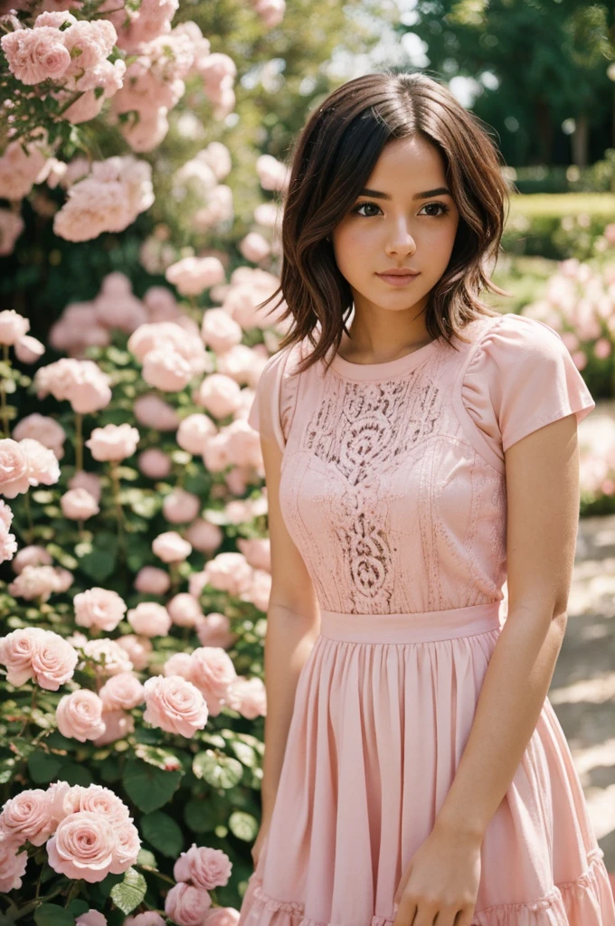 8k, foto en bruto, fujifilm, Style photography of a beautiful young girl like Avril in a light pink rose garden. (piel muy detallada: 1.2) Style-Petal BREAK short hair, cabello rubio con mechones de colores, usando un vestido, film grain, 35mm, lindo estilo