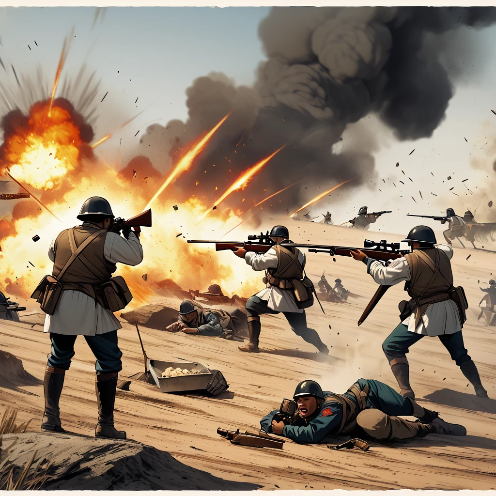 Three cooks firing rifles on the battlefield of a military war, disparos y explosiones alrededor 