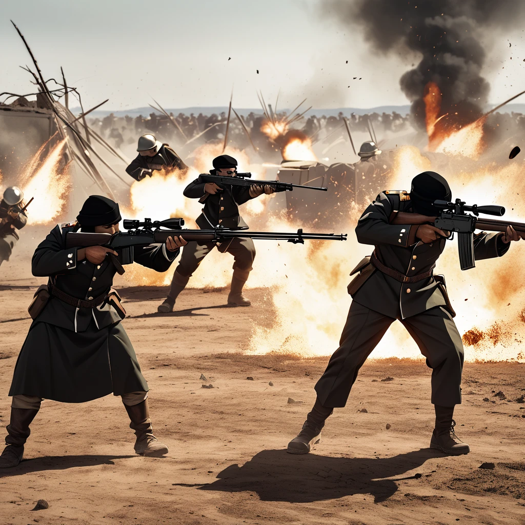 Three cooks firing rifles on the battlefield of a military war, disparos y explosiones alrededor 