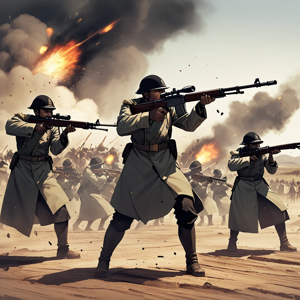 Three cooks firing rifles on the battlefield of a military war, disparos y explosiones alrededor 