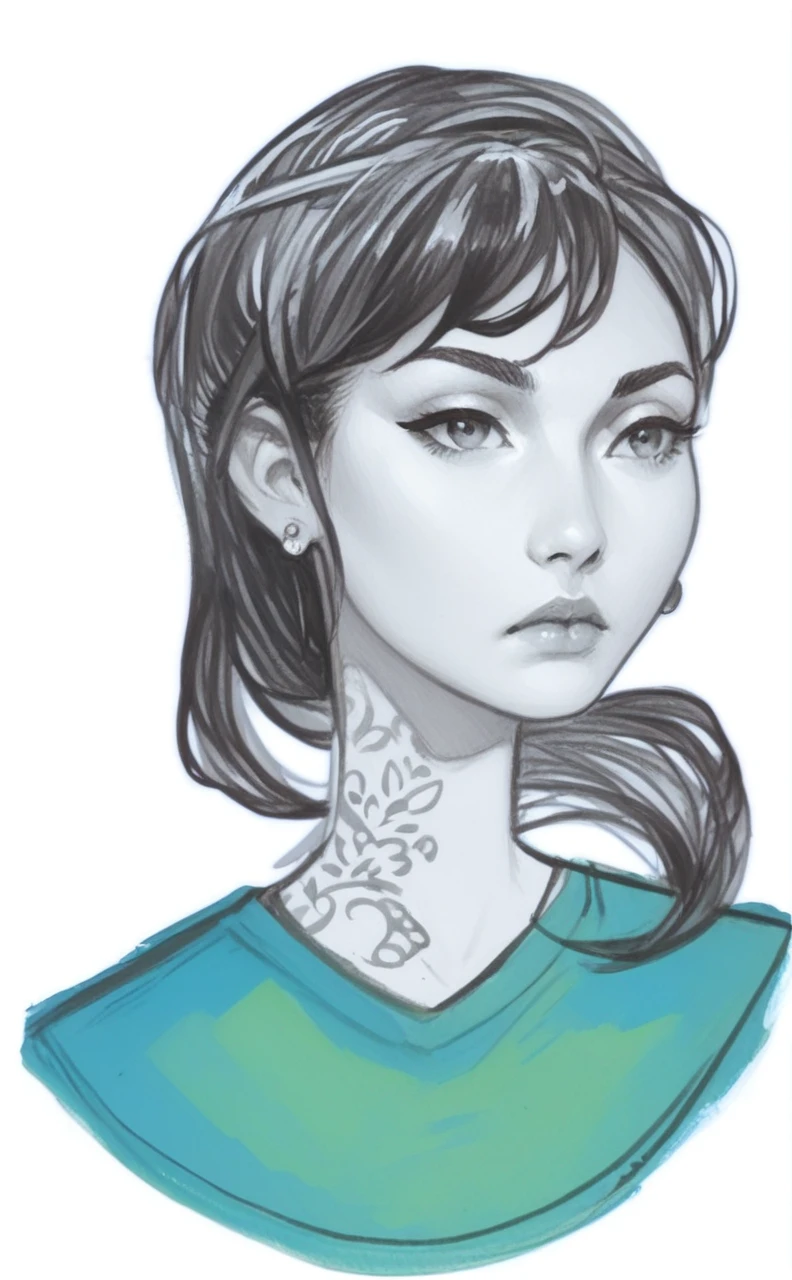 score_9, score_8_up, score_8, rating_safe, traditional art, 1girl, adamhughesstyle, minkostyle, realistic, black hair, loose untucked t-shirt, jeans pants, earrings, detailed