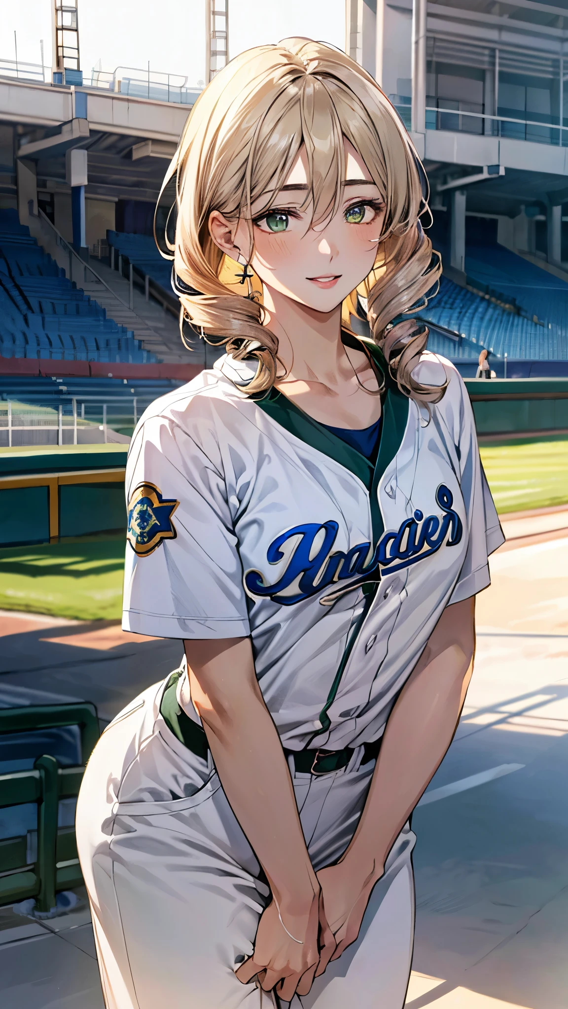 (masterpiece:1.3, top-quality, ultra high res, ultra detailed), (realistic, photorealistic:1.4), beautiful illustration, perfect lighting, natural lighting, colorful, depth of fields, ,
beautiful detailed hair, beautiful detailed face, beautiful detailed eyes, beautiful clavicle, beautiful body, beautiful chest, beautiful thigh, beautiful legs, beautiful fingers, shiny skin, 
looking at viewer, 1 girl, high school girl, baseball cosplay, (perfect anatomy, anatomically correct, super detailed skin), cute and symmetrical face, babyface, perfect face, perfect eyes, , 
(middle hair:1.5, drill hair:1.2, blonde hair), hair between eyes, emerald green eyes, slant eyes, long eye lasher, (medium breasts:1.2, seductive thighs), skin dendation, 
(detailed cloth texture, pink baseball uniform:1.2), 
(beautiful scenery), summer, late afternoon, (baseball stadium:1.1), standing, (hands on chest), (lovely smile, upper eyes, parted lips), diffused natural sunlight, diffused natural skin glow, 