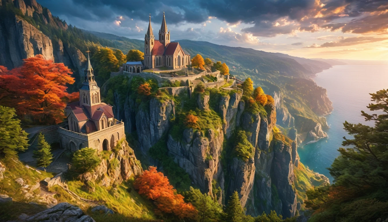 (anime, fantasy), (best quality, high resolution, depth of filed, HDR:1.2), (A majestic church lies alone on the edge of a cliff, grand architecture, rocky cliff, cloudy sky), fantastical landscapes, vibrant colors, majestic, dark enchanted, dangerous atmosphere, magical atmosphere, beautiful, extremely detailed, intricate, delicate, serene fantasy, light filtering through the trees, bokeh, cinematic lighting, 8k, high quality