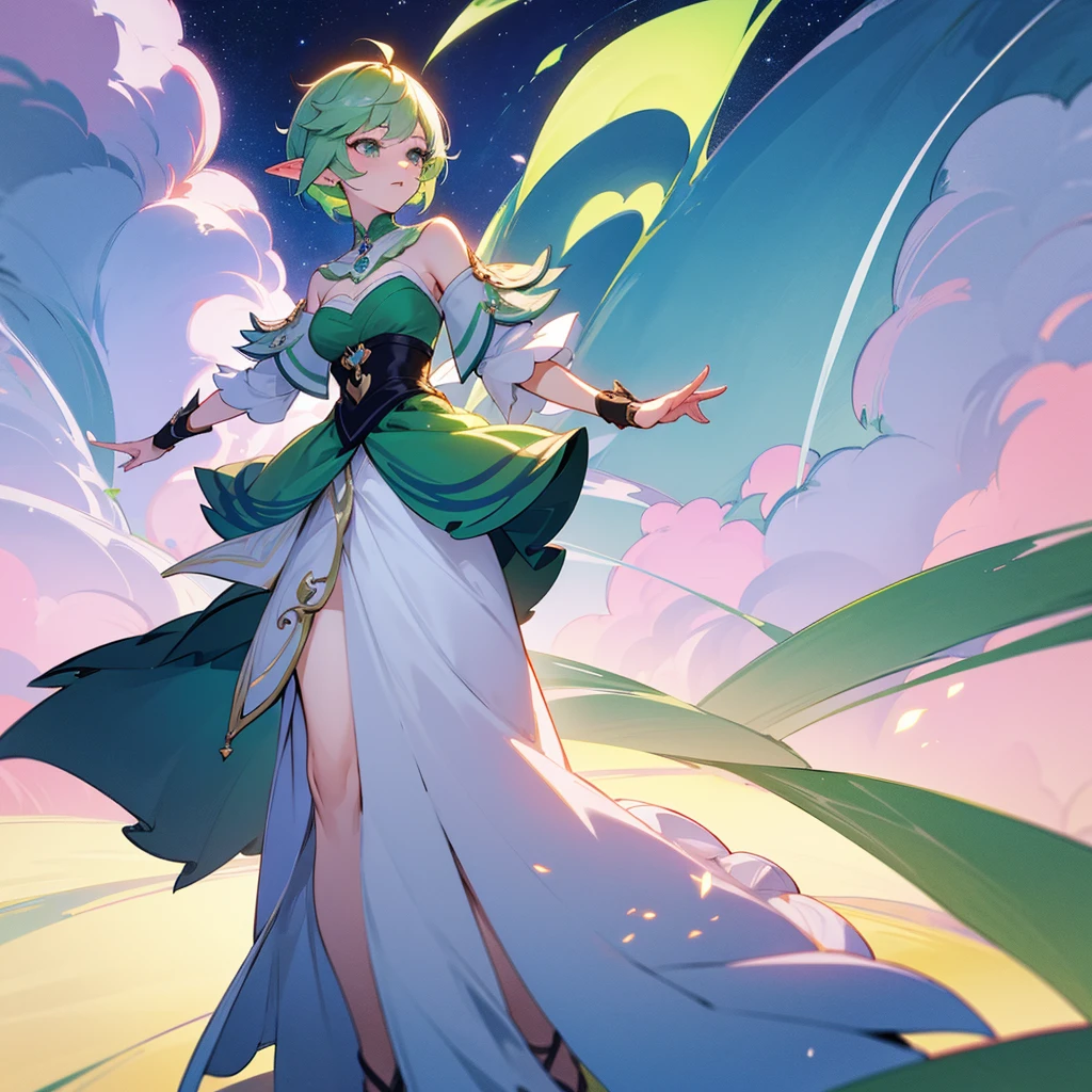 Pretty, beautiful, elf girl, elf, green hair, short hair, pretty hair, beautiful body, genshin impact design, fashion, fashion design, genshin impact, video game, full body, pretty face, starry clothes.