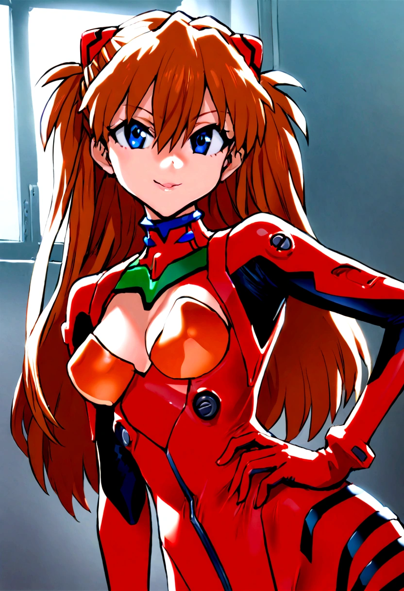 masterpiece, best quality, very aesthetic, 1girl, solo, souryu asuka langley, neon genesis evangelion, orange hair, long hair, blue eyes, smile, medium breasts, cleavage, red plugsuit, cowboyshot