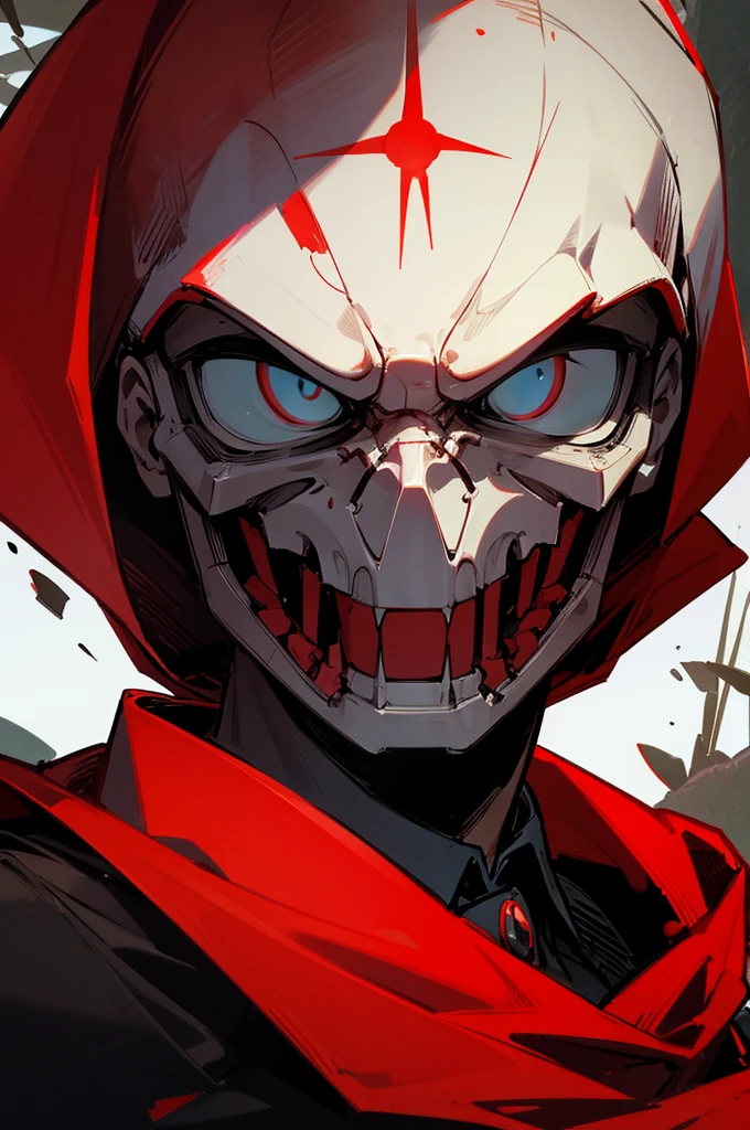 A military man wearing a red skull mask, red hood
