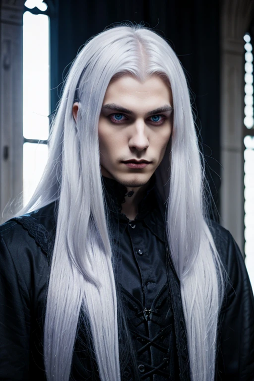 Gothic young and tall lovely vampire man with big indigo eyes and long white hair