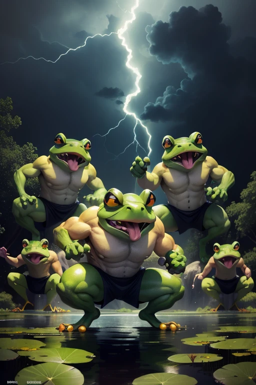 Animate logo design for a team of an enraged frog:
Imagine a dynamic and vibrant animation featuring an angry, green, and muscular frog leading a team of smaller, energetic frogs. The angry frog's eyes blaze with determination, while its powerful legs are flexed, ready for action. The frenzied movement of the smaller frogs around the angry frog adds to the strong sense of teamwork and unity. The logo will be set against a backdrop of lily pads and a serene pond, contrasting the frogs' fierce demeanor. Occasional flashes of lightning and thunder punctuate the scene, emphasizing the frog team
