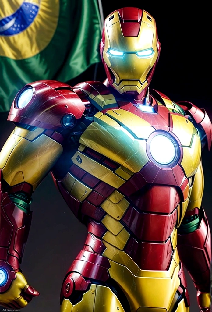 green yellow iron man with a brazilian flag in the background.