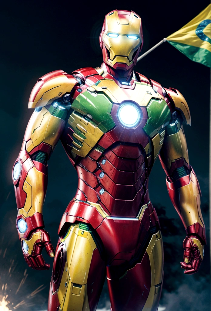green yellow iron man with a brazilian flag in the background.