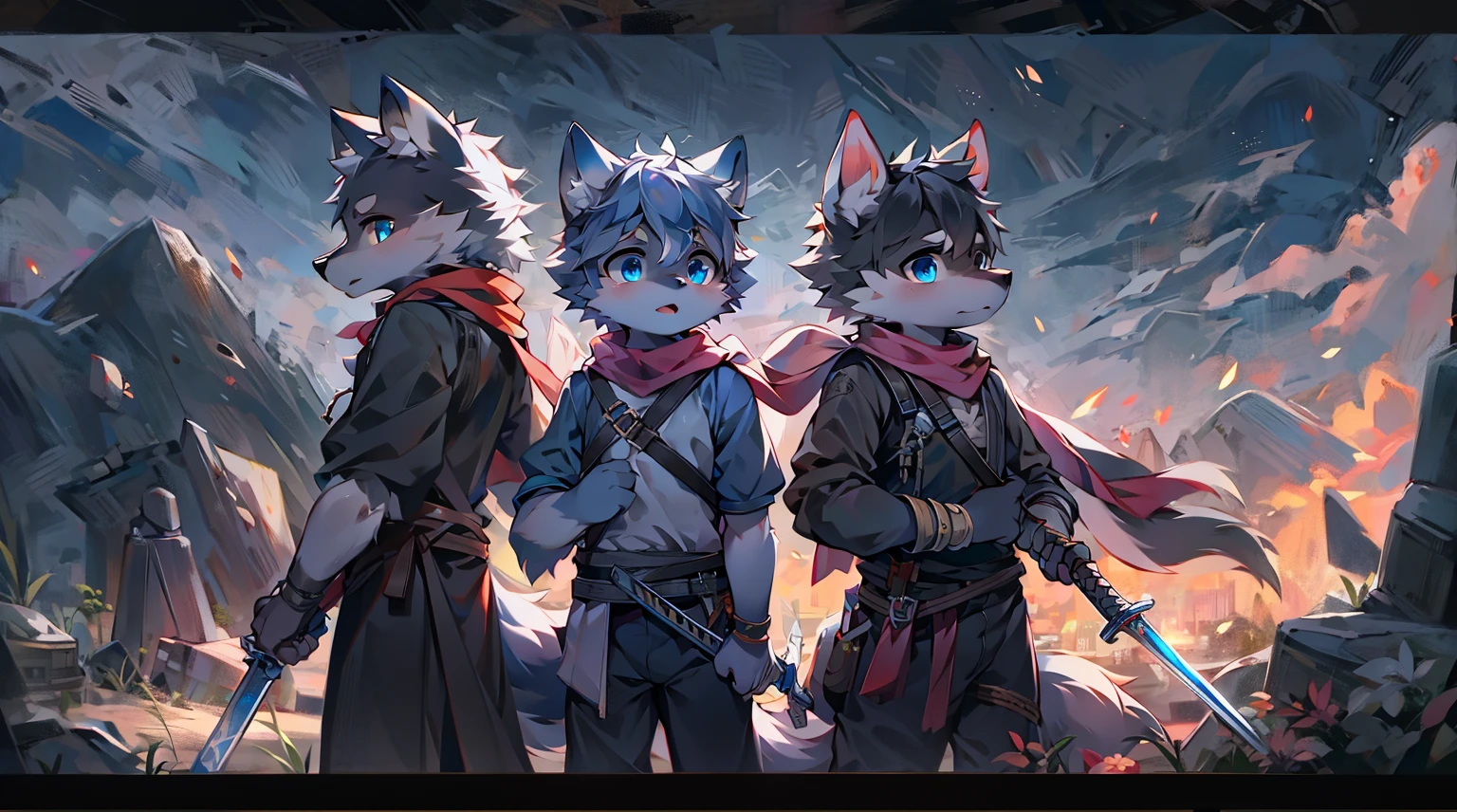 Wolf，juvenile，male，Gray-black fur，Sky blue eyes，Ancient combat uniform，scarf，Holding a long sword，Scabbard back，permanent，The only one,dawn，illumination，Break