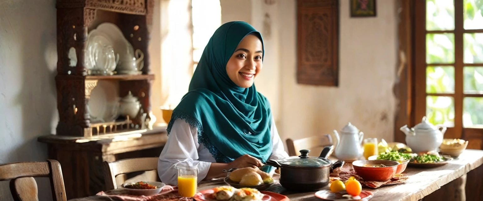 (cinematic, good lighting, realistic, 8K), A 40 year old Indonesian woman (beautiful, graceful, wearing Muslim clothes and wearing a long Muslim headscarf that covers her chest), is cooking beef eye eggs while smiling, bright morning sunlight coming in through the window, background of a traditional Indonesian kitchen full of furniture and on the left side there is a dining table, where his family (father, two sons and a daughter) are waiting for food to be served, the camera angle is from a distance so that all the images can be seen clearly. 