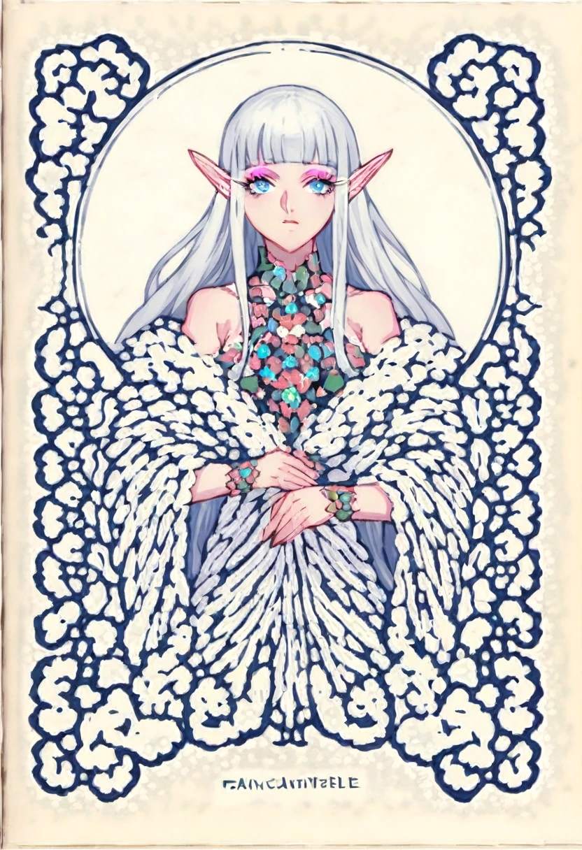 ((masterpiece, best quality)), (fractal art:1.3), viking elf girl, fantasy, Standing with ancient wolf, concept yoji shinkawa, concept art, painting, frank frazetta, BREAK, (elf:1.2), 1girl, solo, (silver long Hair:1.15), Blunt bangs, (hair between eye), Blue Eyes, (beautiful detailed face:1.2),art style by Artgerm, by Wadim kashin, by Kawacy, BREAK, (1animal), ((wolf)), fluffy, big, White fur, BREAK, ((ancient viking clothes)),fluffy cloak, big breast, long black glovelack pantyhoses with white boots, BREAK, eyelashes, eyeshadow, pink eyeshadow, BREAK, extremely detailed, dynamic angle, dynamic pose, the most beautiful form of chaos, elegant, a brutalist designed, Setting is a Scandinavian forest in winter,