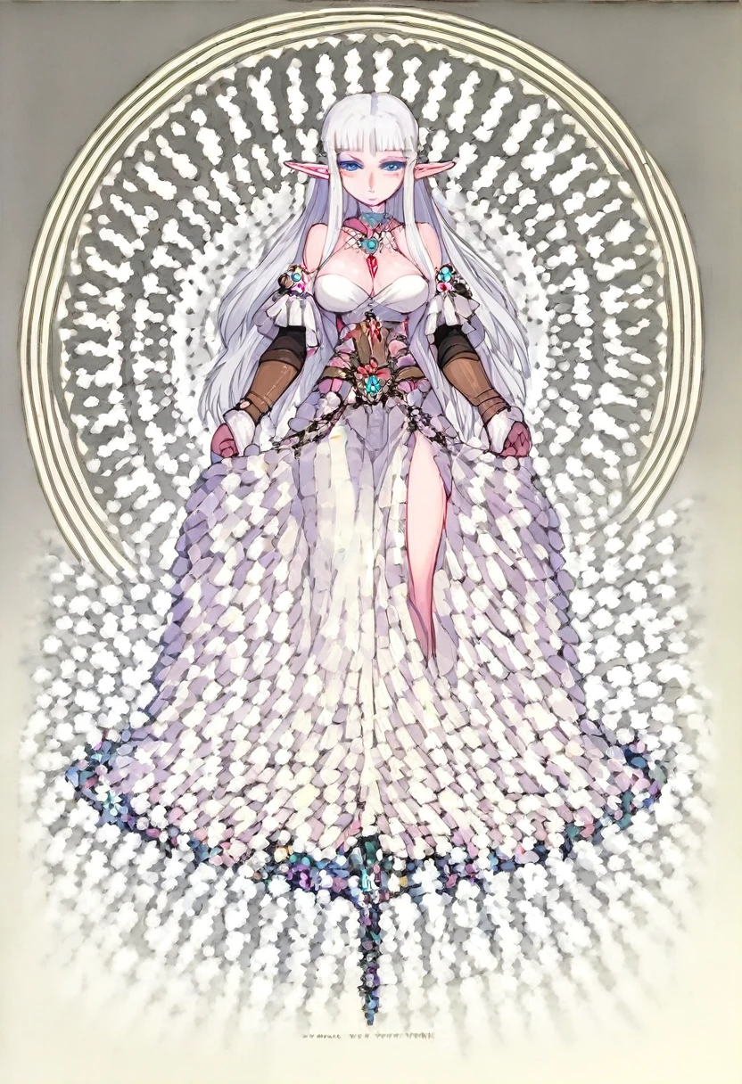 ((masterpiece, best quality)), (fractal art:1.3), viking elf girl, fantasy, Standing with ancient wolf, concept yoji shinkawa, concept art, painting, frank frazetta, BREAK, (elf:1.2), 1girl, solo, (silver long Hair:1.15), Blunt bangs, (hair between eye), Blue Eyes, (beautiful detailed face:1.2)，art style by Artgerm, by Wadim kashin, by Kawacy, BREAK, (1animal), ((wolf)),  fluffy, big, White fur, BREAK, ((ancient viking clothes))，fluffy cloak,  big breast, long black glovelack pantyhoses with white boots, BREAK, eyelashes, eyeshadow, pink eyeshadow, BREAK, extremely detailed, dynamic angle, dynamic pose, the most beautiful form of chaos, elegant, a brutalist designed, Setting is a Scandinavian forest in winter,