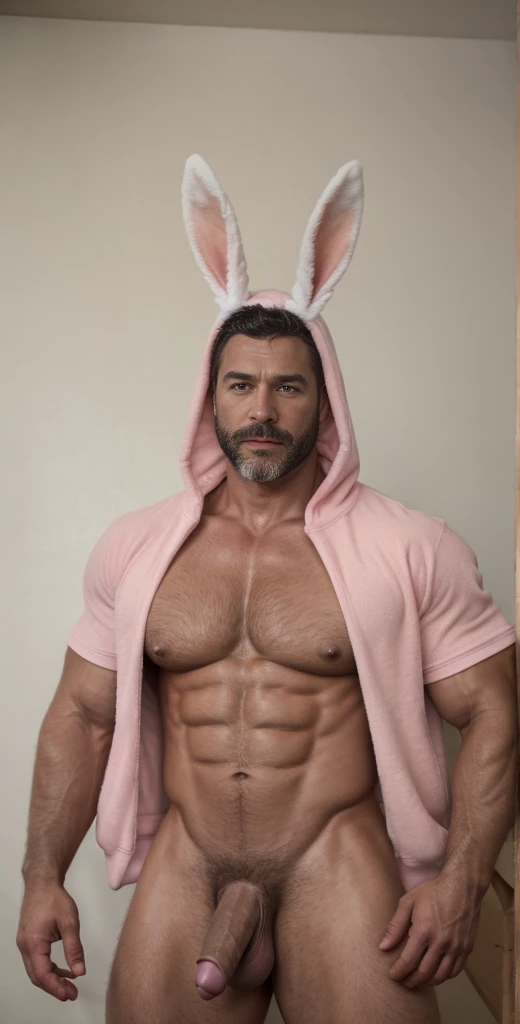 1boy, solo, facial hair, male focus, bulge, pectorals, bara, muscular, mature male, muscular male, abs, beard, nipples, short hair, navel, stomach, large pectorals, thick eyebrows, bare pectorals, dark-skinned male, animal costume, erection, thighs, erection under clothes, animal hood, dark skin, open clothes, animal ears, hood, pink bodysuit, pectoral cleavage, cowboy shot, feet out of frame, thick thighs, looking at viewer, fake animal ears, rabbit costume, masterpiece, 4k, high quality, highres, absurdres,