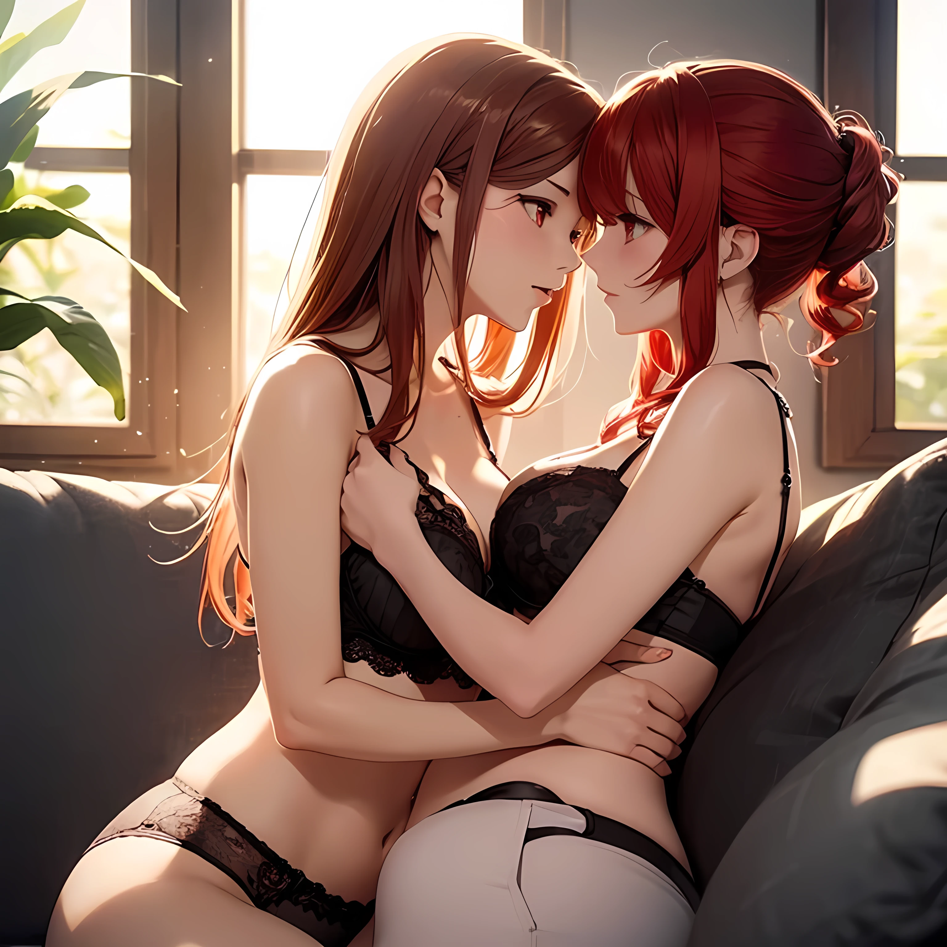 Two beautiful young women, Anime Style, Detailed face, Redhead, Red eyes, Delicate features, Soft lighting, underwear, Embrace each other, Intimate pose, One touches the other'Gently wash your face, Sit on a cozy sofa, Warm and cozy living room, Relaxed affection, Dynamic pose, Japanese Anime Style, high quality, Very detailed, 8K resolution, Cinema Lighting, 最high quality, Vibrant colors, Instagrammable, beautiful, tendency