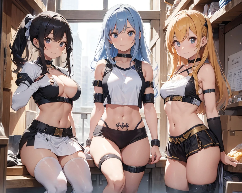 young greek warriors girls , only girls, city in the background, lance , BLACK CLOTHES, light armor , sandals , smile , elbow pads, knee pads, choker , tribal tattos , smile , athletic body, abs